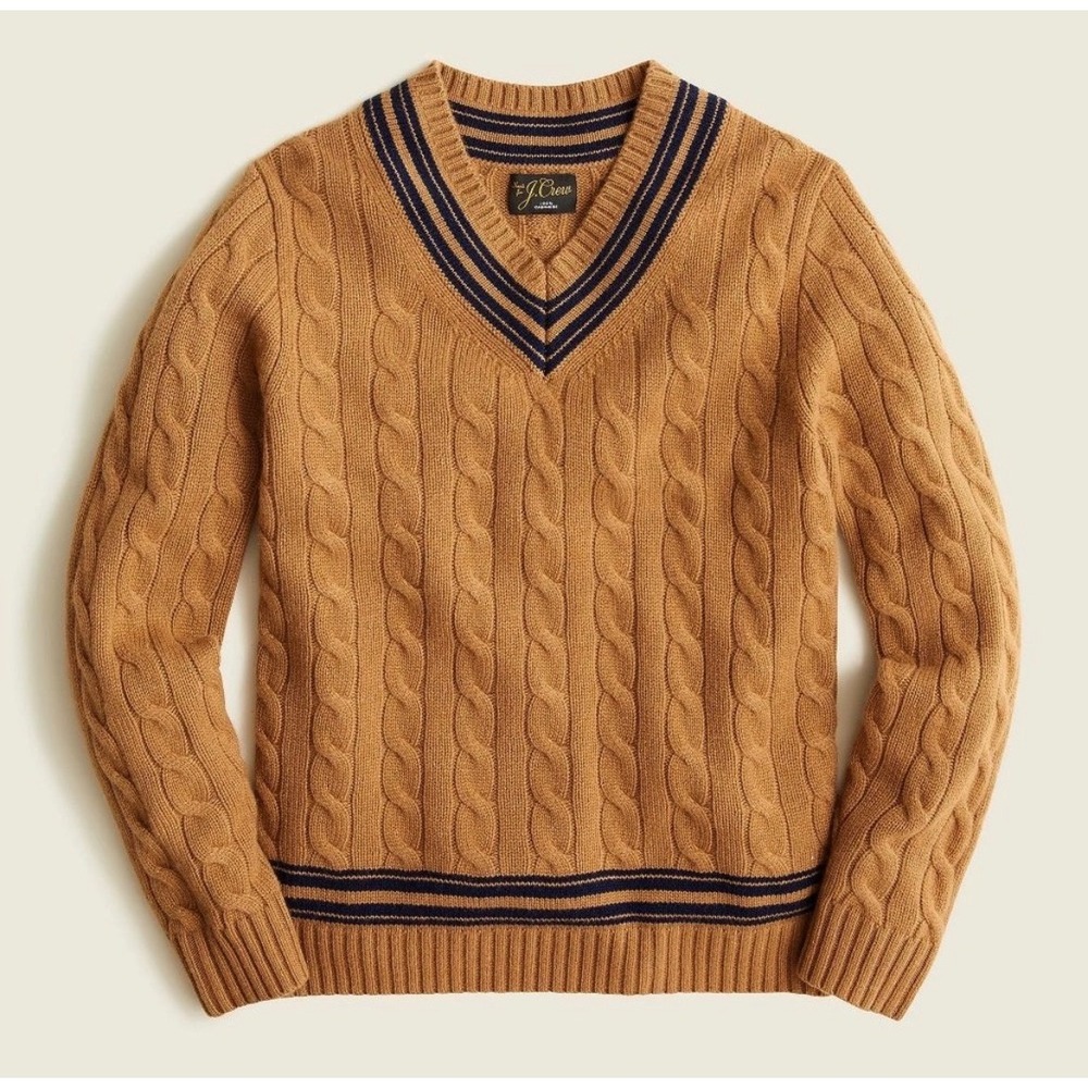 J. Crew Mens Cashmere Cable Knit V-Neck Cricket Sweater Brown AV858 XL